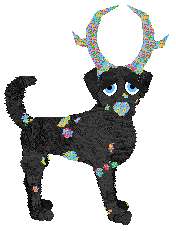 Black dalmatian with multi-colored spots and large antlers posing facing the viewer.